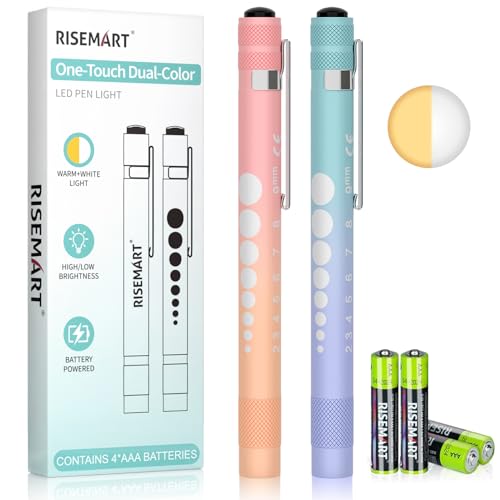 RISEMART Pupil Light Diagnostic Light, Pack of 2 Emergency Service Accessories with Warm/White Light, Pupil Meter and Ruler for Nurse Students (Gradient Blue/Purple + Pink-Orange) Color gradient blue-purple + pink-orange