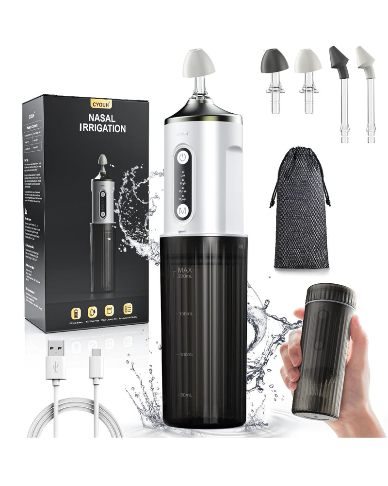 Nasal Irrigation System: Wireless Nose Washer to Relieve Sinus Discomfort, Nose Care, Electric Neti Jug with 4 Tips, 30 Nose Wash Salt Packages (Black) Black