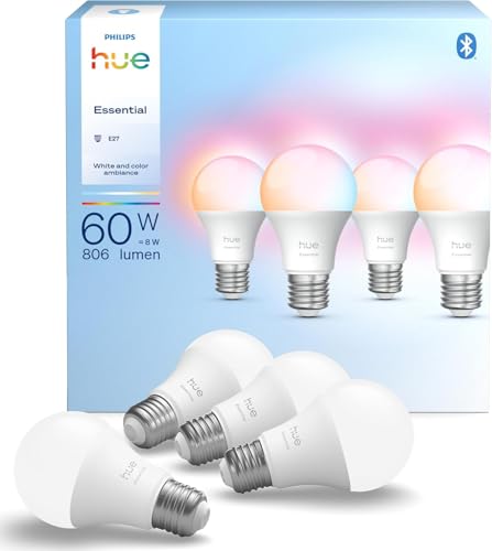 Philips Hue Essential Smart LED A60 Bulb, White and Colored LED Bulb, E27 Socket, 8W, 2200K-6500K, 806 Lumen LED Light, Dimmable, Compatible with Alexa, Google Assistant & Apple Home, Pack of 4 | White and colorful light, 8 W, smart home, dimmable, c...