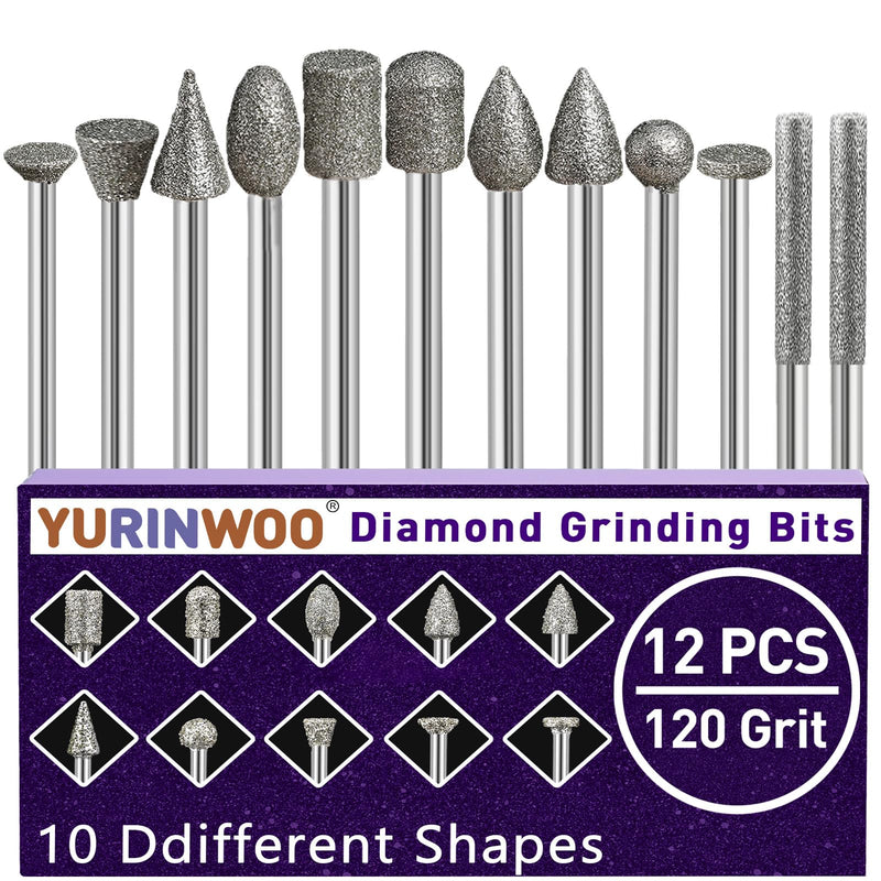 12 Piece Diamond Cutter Set Grit 120, Diamond Burr Grinding Pins Compatible with Dremel Rotary Tool with 1/8 Inch Shank Fit for Stone Glass Ceramic Carving, Grinding, Polishing, Engraving 12 Stück Körnung 120