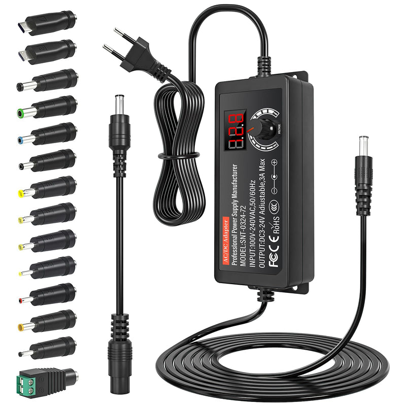 3V-24V Universal Power Supply 3A 72W Adjustable Power Supply 100-240V AC to DC Transformer Converter with Digital Display and 14 Tips for Household Electronics, DC Motor, 3A Max