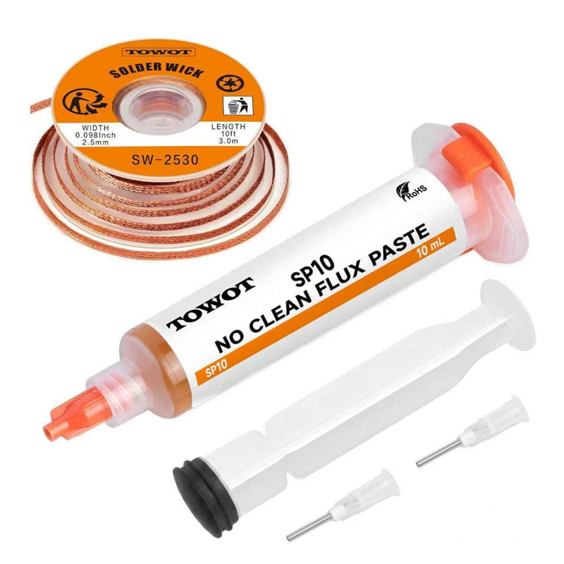 TOWOT 10ft Desoldering Braid & No-Clean Soldering Aid (10cc) - Desoldering Kit for Electronics Repair and PCB Rework Desoldering braid & soldering aid