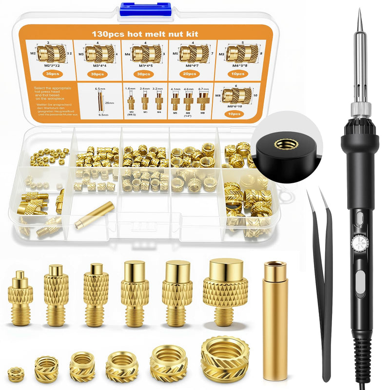 Threaded Insert Soldering Tips Set - with 60W Temperature Adjustable Soldering Iron | 138-piece melting thread for 3D printing, repair, electronics, brass, thread inserts M2/M3/M4/M5/M6/M8, with tweezers
