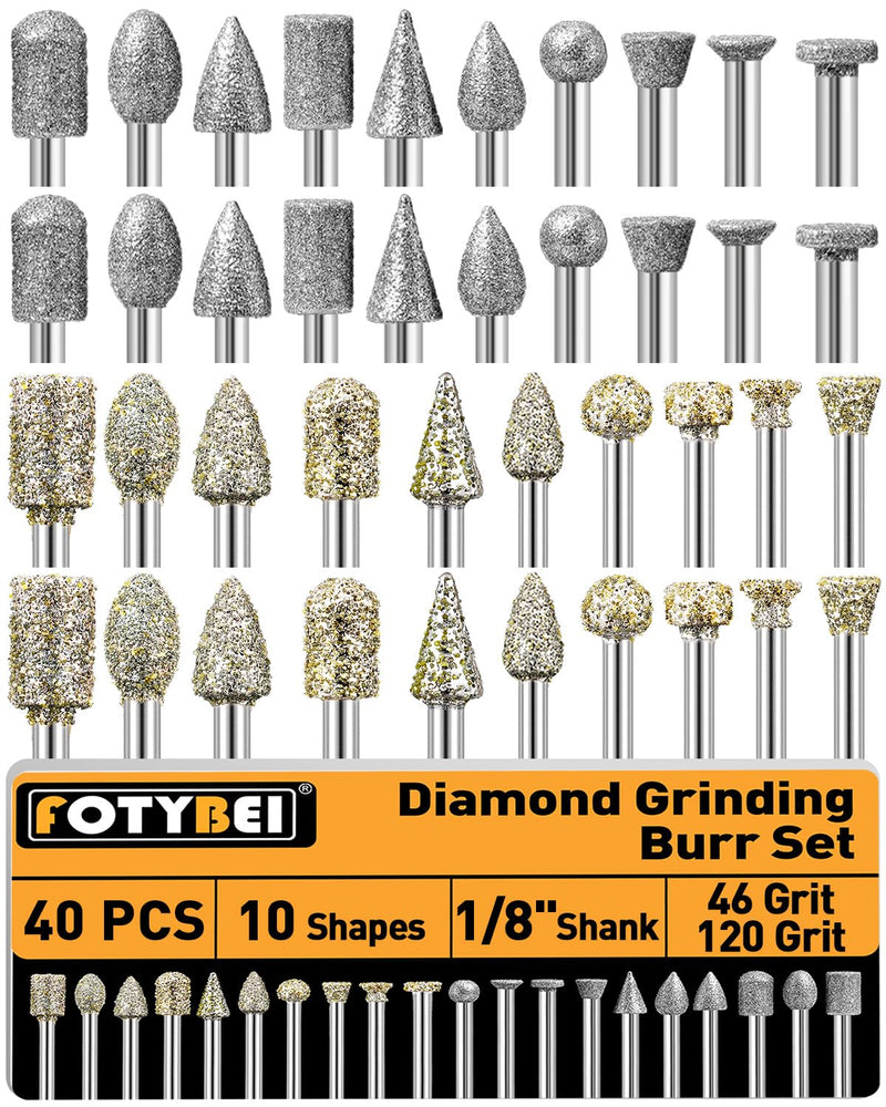 40 Piece Diamond Cutter Set for Dremel, 46 Grit and 120 Grit Diamond Burr Grinding Pins with 1/8 Inch Shank for Stone Glass Ceramic Grinding, Carving, Polishing, Engraving, Drilling 20pcs-120 grit, 20pcs-46 grit