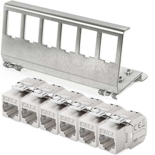 hb-digital 6 x CAT 7 Keystone Module RJ45 Socket STP 10 Gbit/s - Tool-Free LSA - with 1x 6-Port 35 mm DIN Rail Metal DIN Rail Adapter Keystone Holder Ethernet LAN Network Switch