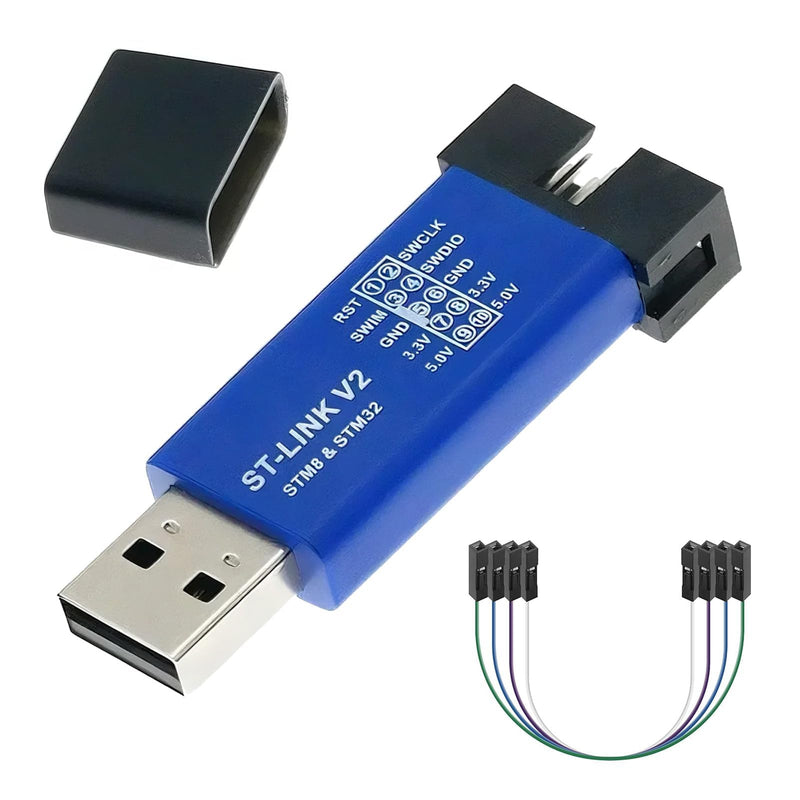 ST-Link V2 Programmer ST-Link Emulator Downloader for STM32 and STM8 | SWD SWIM Download Debugging | 8/32 Bit-Mikrocontroller | mit 5V/3.3V | 4x 20cm Dupont Drähten | Zufallsfarbe Aluminiumgehäuse