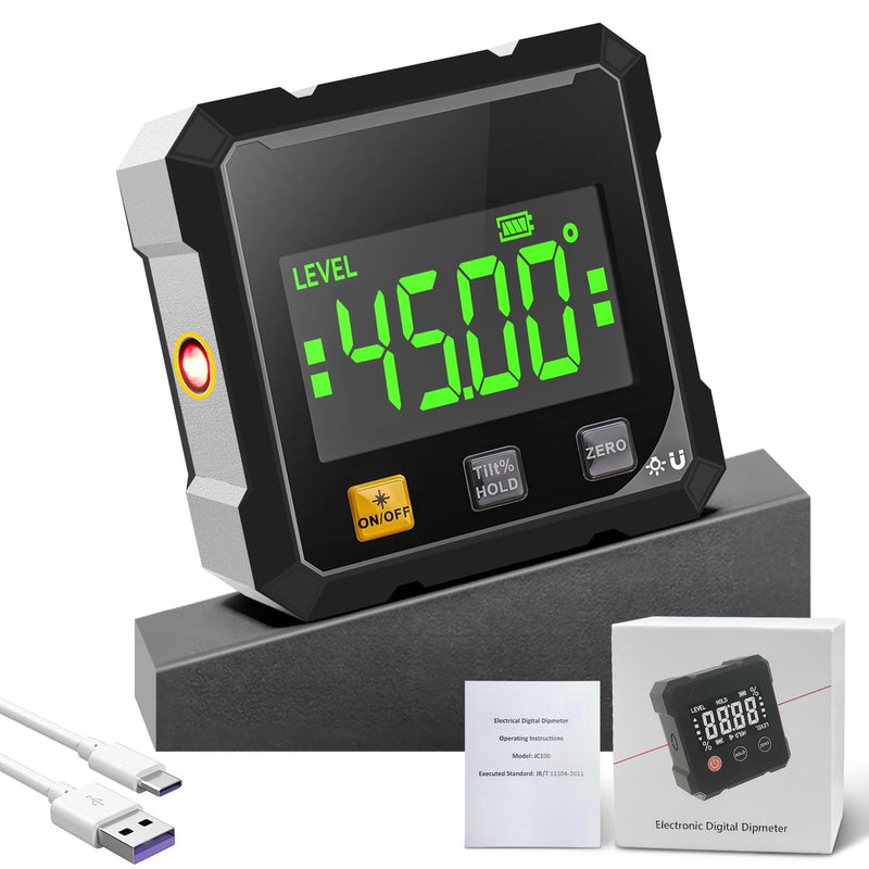 4-Sided Magnetic Digital Protractor with Laser | Digital inclinometer with LCD display, IP54 waterproof, ±0.2° precision inclinometer for construction, machines, DIY work Black