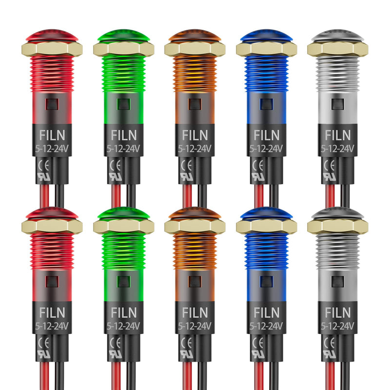 Pack of 10 8 mm LED Signal Lamp Indicator Light, Universal 12-24 V DC Round Indicator Light, Plastic Housing Warning Light, for Control Cabinet and Car Truck (Red, Green, Amber, Blue, White) Five colors 12-24 V