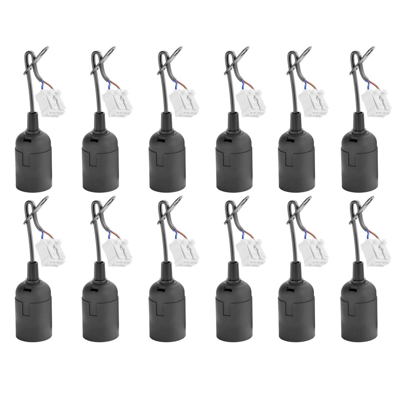 Pack of 12 E27 Construction Sockets Black with Quick Connector and Strain Relief, Construction Socket with Bulb, Lamp Holder E27 for Construction Sites, DIY Projects, and Temporary Lighting