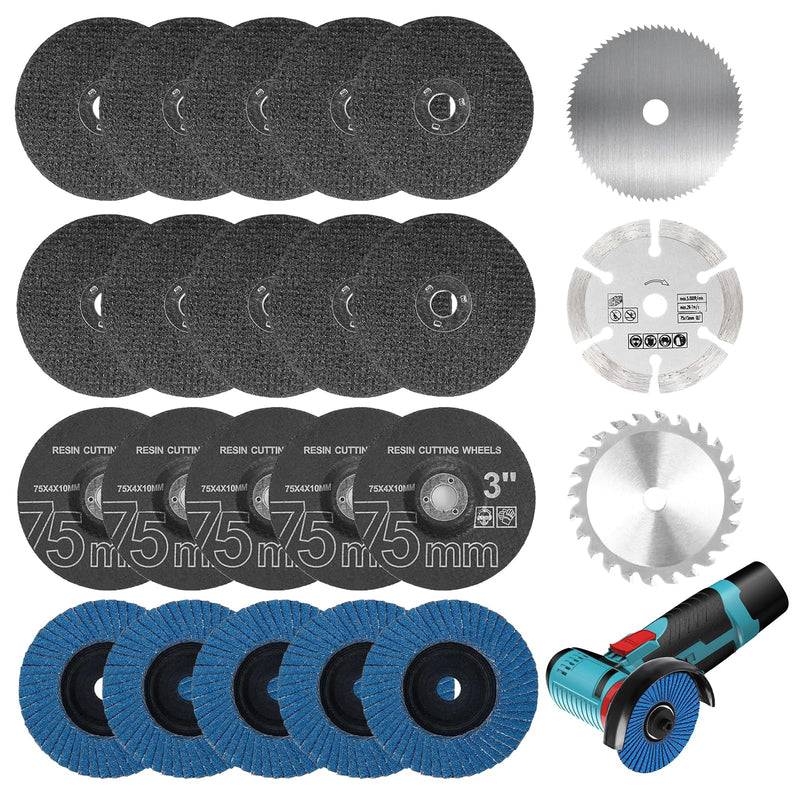 Set of 23 75 mm Cutting Discs & Flap Discs Set, Bore Diameter 10 mm, Angle Grinder Accessories for Mini Angle Grinders, Cutting, Polishing, Grinding of Metal, Wood, Plastic