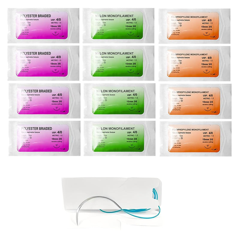 Pack of 12 Suture Material with Exercise Needles, Refill Pack for Surgical Suture Set, Ideal Suture Exercise Thread for Students, Needle and Thread Set, Wound Suture Kit Addition, Ideal Suture Exercise Thread