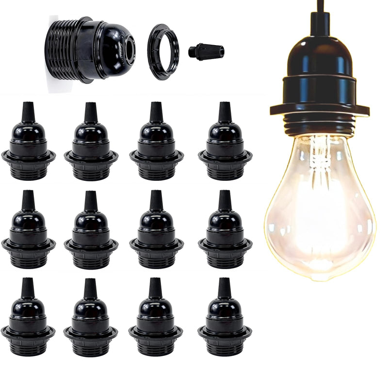 Pack of 12 E27 Vintage Socket, E27 Lamp Holder, Retro Bulb Holder, Vintage Solid Lamp Holder, Bulbhead Light Converter for Table Lamp, Floor Lamp, Pendant Lights, Ceiling Light (Black)