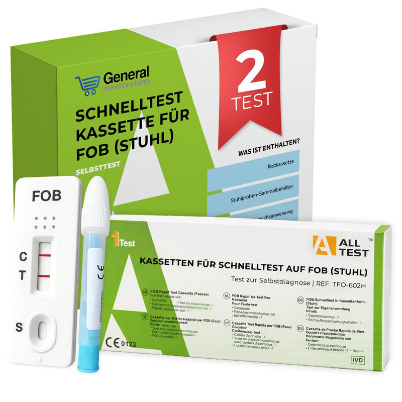 FOB Quick Test (Chair) 2 Tests - Self Test for Occult Blood in Stool - Home Use | Dual Antibody · Collection Tube · Extraction Buffer · 99.1% Agreement · 3-Step Application · CE 0123