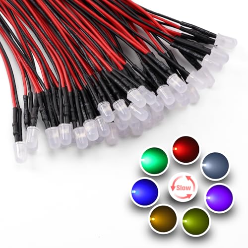 YIXISI 40 Pieces 5 mm RGB 7 Colors Slow Flashing Diodes Light, 12 V 20 cm Pre-Wired LED, Diffuse Emitting Light Emitting Diode, LED Light Emitting Diodes Pre-Wired 5mm - Slow Flashing - Pre-Wired