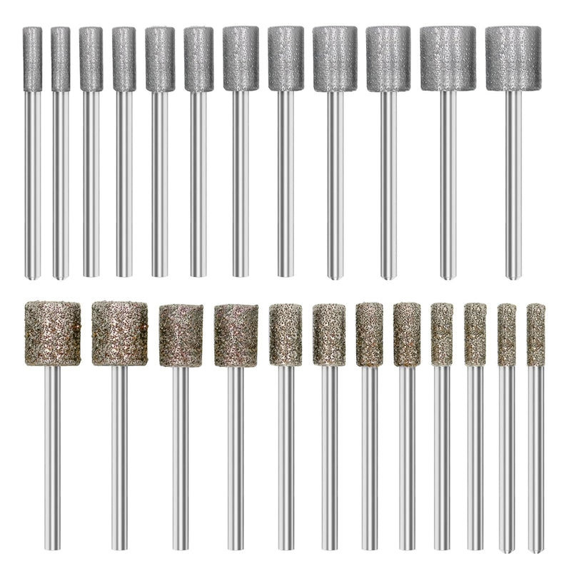 24 Piece Diamond Burr Set with 1/8 Inch Shank Diamond Grinding Points Grit 60 Grit 150 Burrs Sanding Pins with 3 mm Grinding Attachments for Carving Polishing