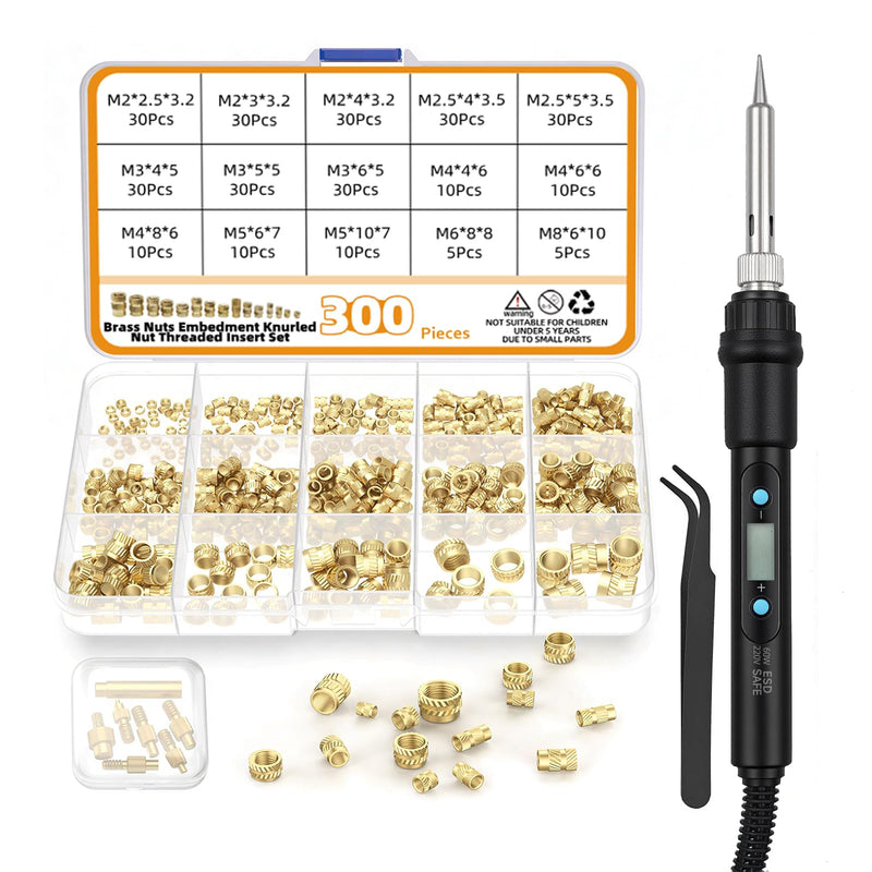 Threaded Inserts Set 310 Pieces Brass with Soldering Tips M2-M8 | 60W 180-500°C Rotary Knob, 300 Pieces Brass Melting Nuts Soldering Tips for 3D Printing & Plastic