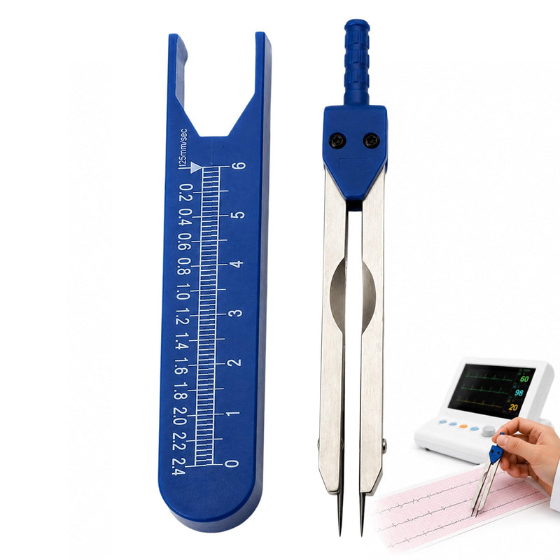 ECG Calliper Made of Metal, Blue, Adjustable Caliper with Ruler, Medical Measuring Tool for Electrocardiogram on Paper & Monitor, 11.5 x 1.7 x 1.4 cm