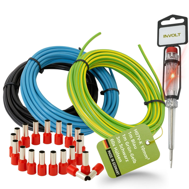 INVOLT H07V-K 10 mm² Wiring Cable Set, 60 Wire End Ferrules, Phase Tester | Single wire each 1 m blue and green-yellow + 3 m black, wiring kit for meter cabinet
