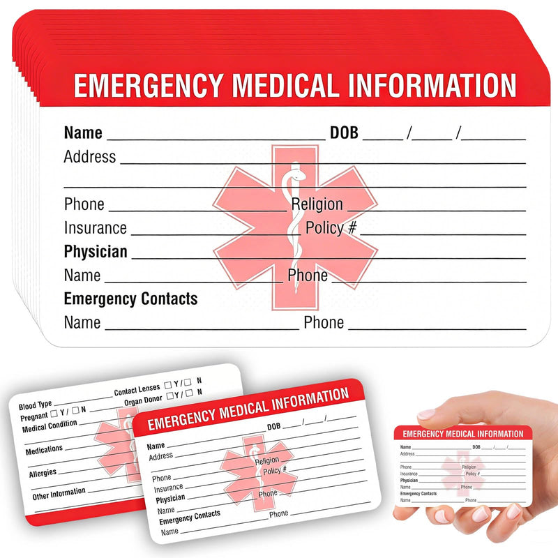 Pack of 10 Emergency Contact ID Cards for Medical Information - Medical Emergency Card Emergency Contact ID Cards for Wallet & Cell Phone Signal Red Heavy Duty Cardboard Bag Handbags
