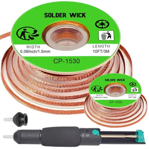 Solder braid with flux and desoldering pump, 1.5 mm wide desoldering braid with flux, no-clean solder braid remover, soldering pump (2-pack, 3 m/10 ft)