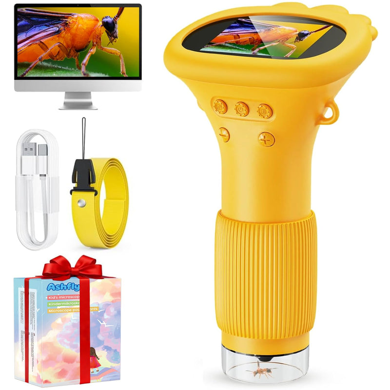 Microscope for Children, Ashfly 1000X Pocket Microscope with 2.0 Inch IPS Screen USB Microscope Magnifying Glass, 8 LED Lights Connection to PC, Mini Children's Microscope for Easter Toy - Orange Yellow-Small