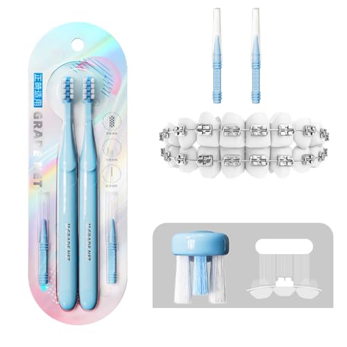 Braces Toothbrush U Shape Soft PBT Bristles Pack of 4 (2 Orthodontic Brushes + 2 Tip Brushes/Interdental Brushes) for Braces (Blue Interdental Brushes) Blue Interdental Brushes