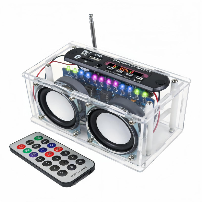 DIY Electronic Speaker Soldering Kit, Soldering Kit, Speaker Kit Bluetooth with FM, DIY Electronic Kit Receiver Music Player with LED Indicator Light, Remote Control for Soldering Learning Adults