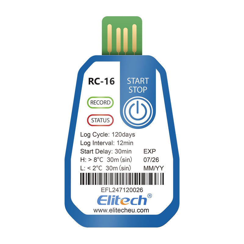 Elitech RC-16 Disposable USB Temperature Logger 120 Days Continuous Recording for Food, Medication & Vaccine Cold Chains, Alarm Function, IP67 Water Protection, Adjustable Parameters 1
