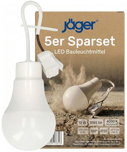 Jäger 5x LED Construction Light Bulbs, Construction Site Lamp, Construction Lamp, Renovation Lamp, Replaces E27 Socket & Lamp Holder E27 with Cable, 10 W, 4000 K Neutral White, Shatterproof 5