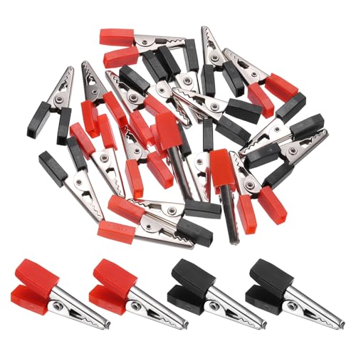 QUARKZMAN Crocodile Clips, 33 mm, Small Steel Clamps with Plastic Handle for Multimeter, Laboratory, Electrical Battery Tests, Cable Clips, Red/Black, Pack of 10 | With plastic handle, for multimeter laboratory electrical battery tests, cable clamps