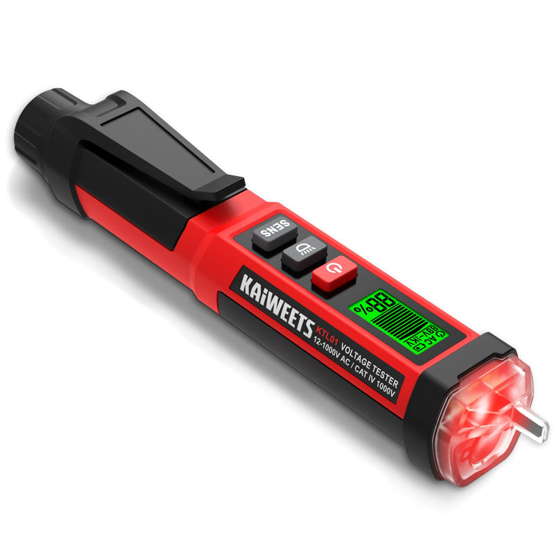 KAIWEETS Non-Contact NCV Voltage Tester, Dual Range Phase Tester 12V/70-1000V AC, LCD Bar & Percentage Display, Buzzer, Conductor/Neutral Conductor Detection, CAT IV 1000V red