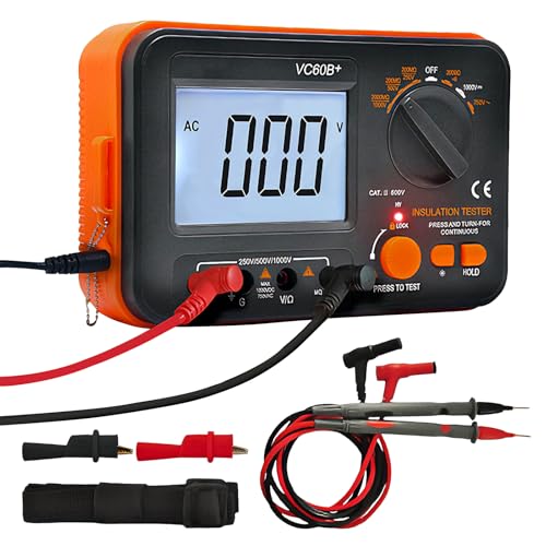 Digital Megohmmeter, Insulation Resistance Tester Insulation Resistance 0.1MΩ-2GΩ with 250V/500V/1000V Test Voltage with Backlit LCD Display, Includes Measuring Tips Crocodile Clips