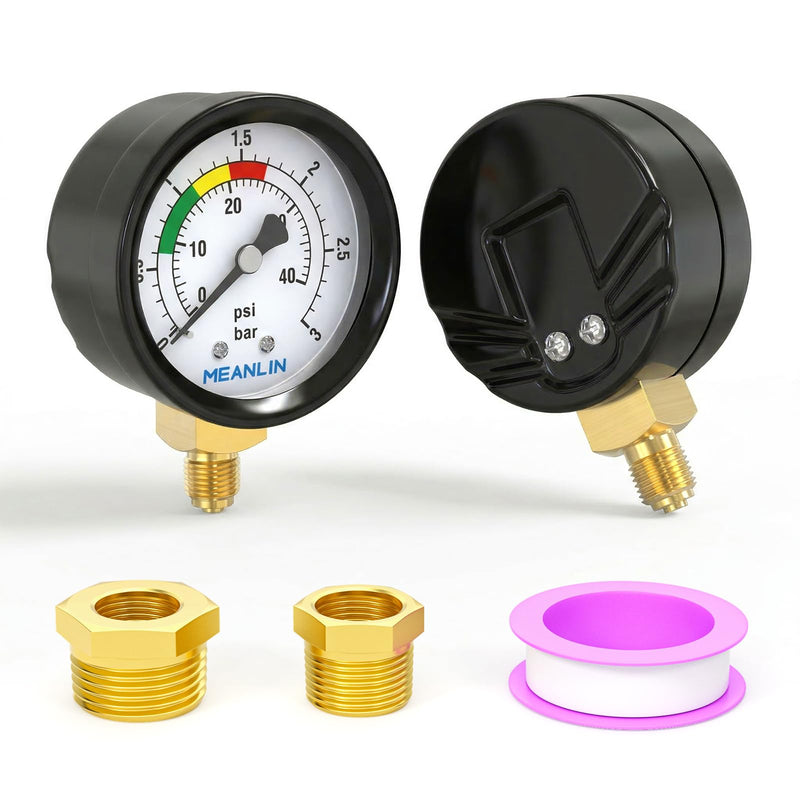MEANLIN MEASURE 0~3Bar/0~40Psi Swimming Pool Pressure Gauge, 1/8 Inch BSP 2 Inch Face Dial for Pools, Hot Tubs, Fish Ponds, with 1/4 Inch BSP and 3/8 Inch BSP Hex Socket, Bottom Mounting 1/8"BSP Bottom mounted