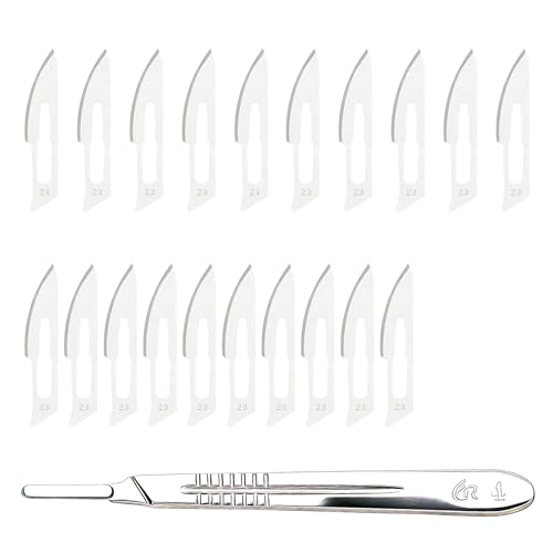 Scalpel Blades No. 23 with Scalpel Holder Stainless Steel No. 4 Sterile Pack of 20 | Disposable blades carbon steel, extremely sharp cutting edge, ideal for pedicure craft modeling, safely packaged