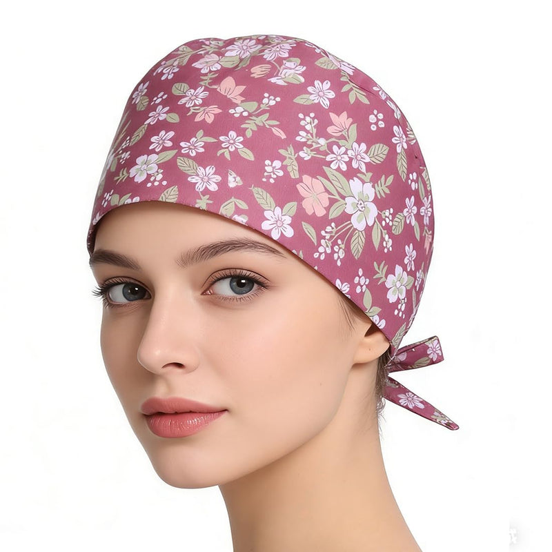 Nurse Headwear, 1 Pink Surgical Cap for Women, Adjustable Cotton Pattern Fabric Bonnet, Unisex Dust Hood