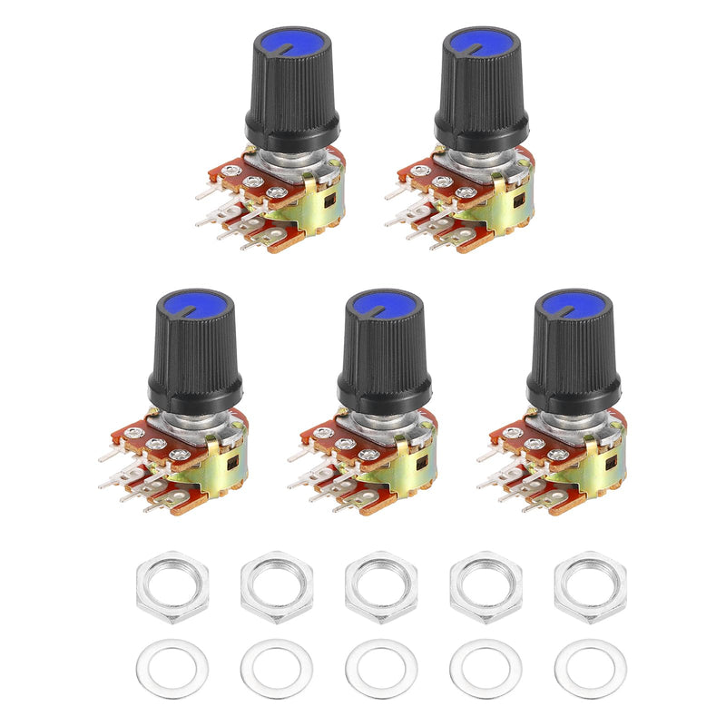 QUARKZMAN Set of 5 WH148 Double Linear Potentiometer Knobs Kit Black + Blue | B20K-Ohm Audio Potentiometer 6 Pin Split Shaft, with Metal Handle and Mounting Hardware