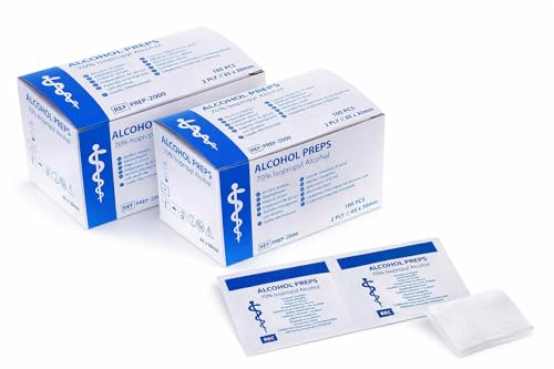 Alcohol Swabs 2 x 100 Pieces - 70% Isopropyl Alcohol - 2-Ply Individually Wrapped - Skin Disinfection Before Injections & Blood Sugar Measurement - Lint Free Fleece