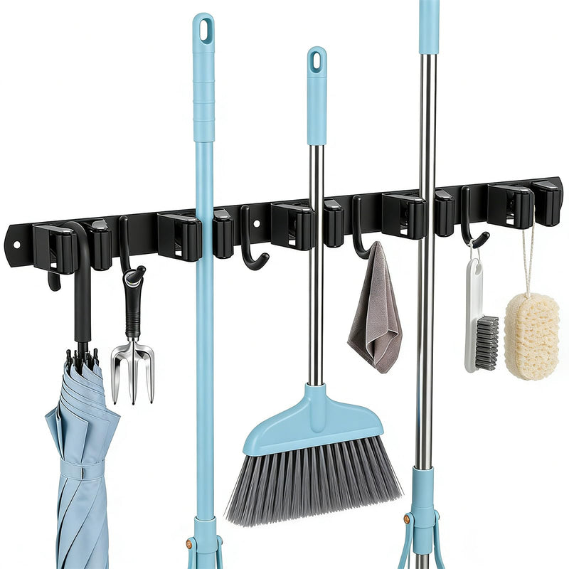 1 Piece Broom Holder Wall, 5 Holders + 4 Hooks Stainless Steel Tool Holder, Self-Adhesive Garden Tool Holder, Broom Holder, Tool Holder Organiser for Garage, Garden, Kitchen, Bathroom, Black