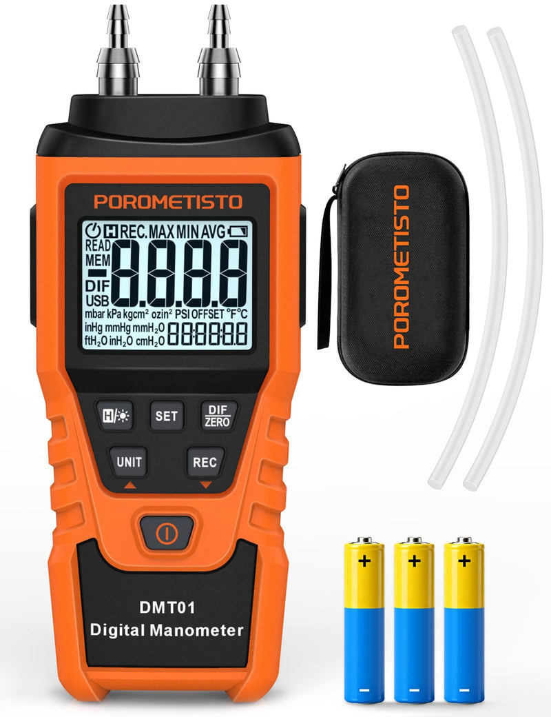DMT01 Precision Digital Pressure Gauge, ±5 PSI / ±34.47 kPa, 12 Units, HVAC Differential Pressure Gauge, ±0.3% FS, Dual Port Gas Pressure Tester, Backlight, Data Holding, Manual Zero