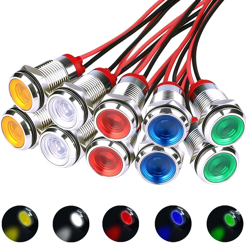 Joycabin 10pcs 10mm LED Indicator Lights AC/DC 12-24V Metal | Waterproof 10 mm LED indicator lights with 15 cm cable, suitable for car, motorcycle, boat, van and DIY projects (5 colors) Red/Green/Yellow/White/Blue