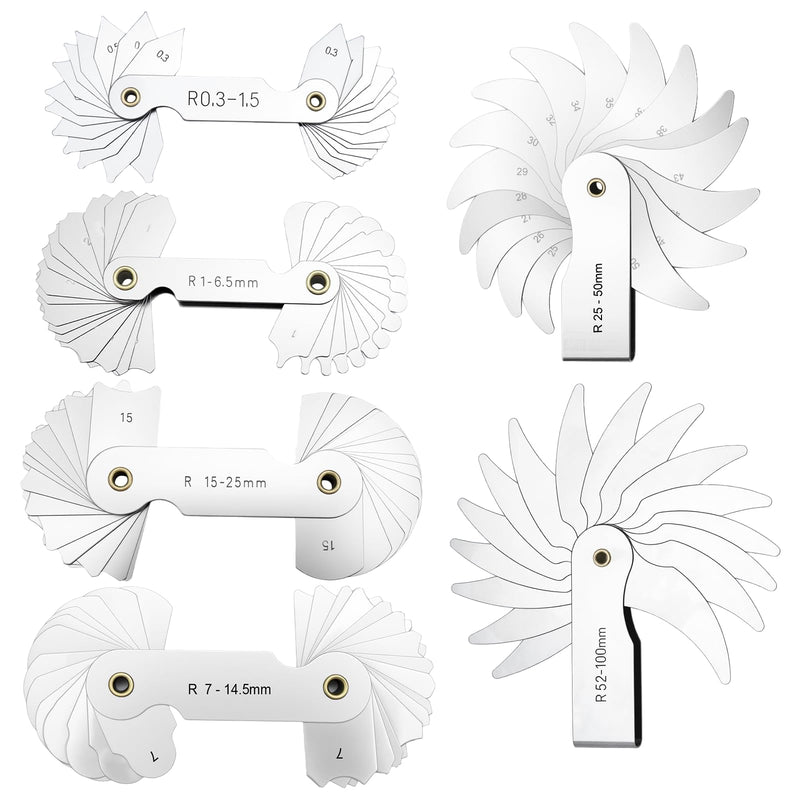 Radius Gauge Set of 6 | R0.3-1.5 / R1-6.5 / R7-14.5 / R15-25 / R25-50 / R52-100 | Radius Gauge for Convex / Concave Ideal for industry, craft and DIY