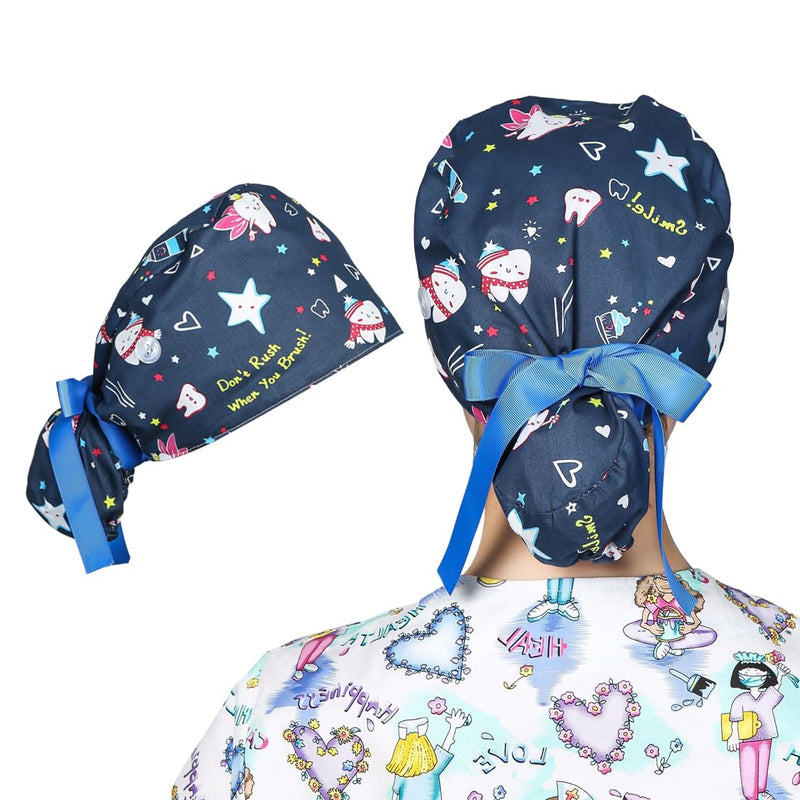 Nurse Caps, 1 Scrub Cap for Women with Buttons and Sweat-Absorbing Headband - Adjustable Surgical Cap Suitable for Long Hair