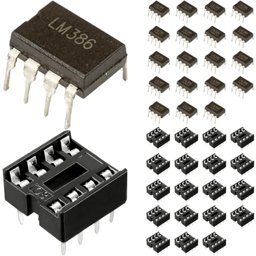 20pcs LM386 LM386N Audio Power Amplifier Semiconductor Low Voltage 300KHz Low Input Voltage Regulator PDIP Mono DIP-8 + 20pcs DIP-8 IC Socket, Pitch 2.54mm