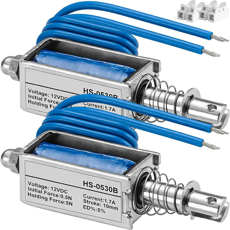 Pack of 2 12 V DC Electromagnet (Push Pull) for HS-0530B, 1.7A, 10 mm stroke, 5N, 0.5N, 5%, 20.4W, Open Design, Linear Drive with CH2 Connection for Mechanical Household Appliances