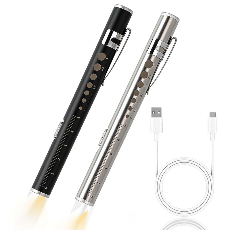 Pupil Light, Set of 2, LED Pen Torch Made of Stainless Steel with Clip, Handy Penlights, Black and Silver