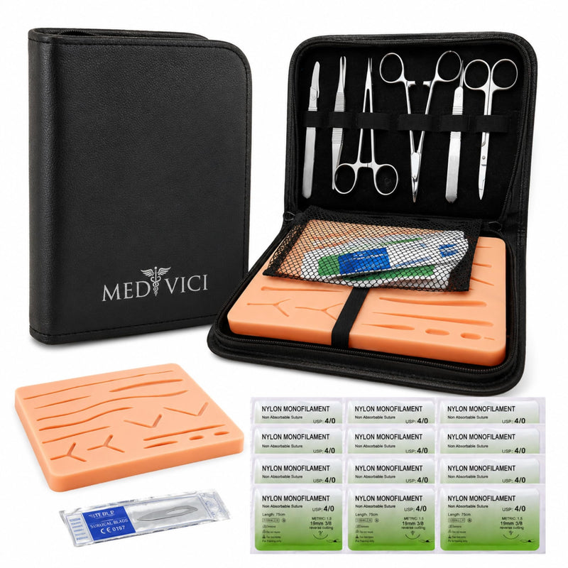 Surgical Suture Kit in Black - Sewing Kit Medicine for Suture Training & Medical Studies | Suture Practice Kit | Suture Set Exercise Medicine with 3-Layer Suture Pad, 12 Threads & Premium Case | Medi | Designed by medical students in Germany