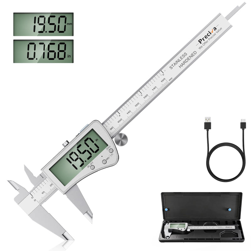 Preciva 150 mm Digital Calliper, Digital Calliper, Stainless Steel, Rechargeable, IP54, Waterproof, Electronic Calliper with Large LCD Display for Industrial, Electrical, Automotive, Crafters