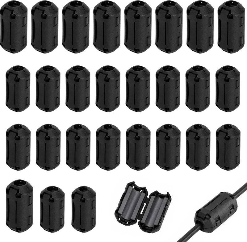 Ferrite Core Set 30 Pieces 3 Sizes 3.5 mm 5 mm 7 mm Black | Nickel zinc ferrite with PA66 clip housing to reduce EMI RFI interference to USB audio video and power cables