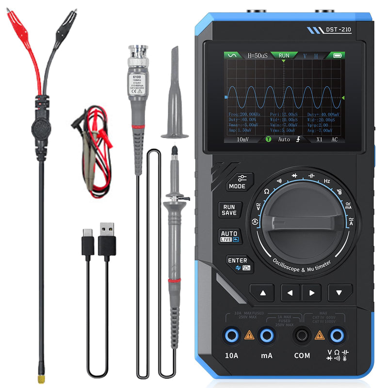 DST-210 Handheld Oscilloscope, 3-in-1 Digital Multimeter, 10 MHz Bandwidth, Oscilloscope, 48 MSa/s, Sampling Rate 19999 Counting Pulses, 2.8 Inch TFT Signal Generator, AC/DC Voltage Test, Capacitor