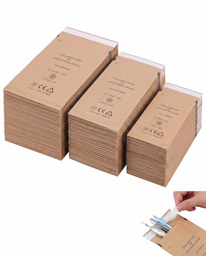 Kraft Paper Sterilisation Bags 60 Pieces | Set: 75 x 150, 100 x 200, 130 x 200 mm | Self-Sealing, Disposable | For Hot Air & Steam | Dental, Laboratory, Medical Hygiene